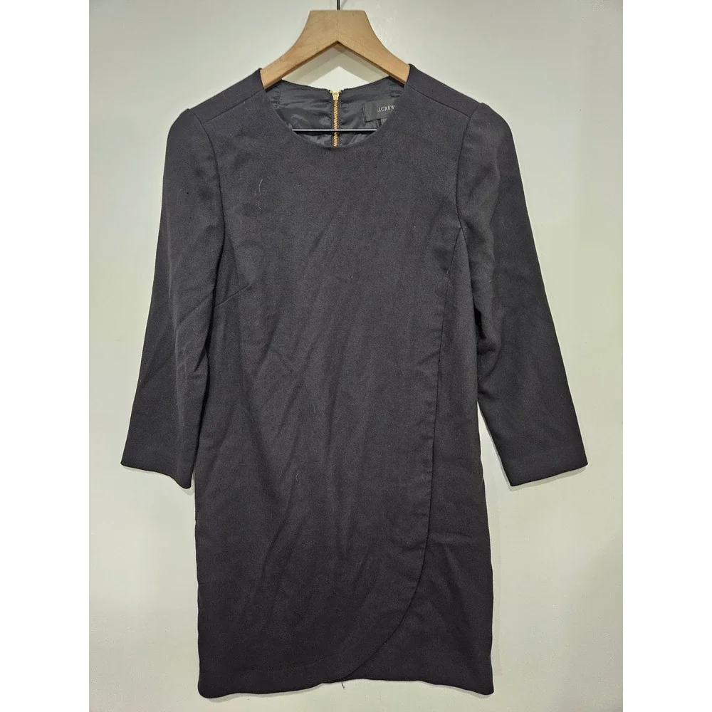 J.Crew Black Tulip Wrap Front Shift Dress Gold Back Zip 3/4 Sleeve Size 4